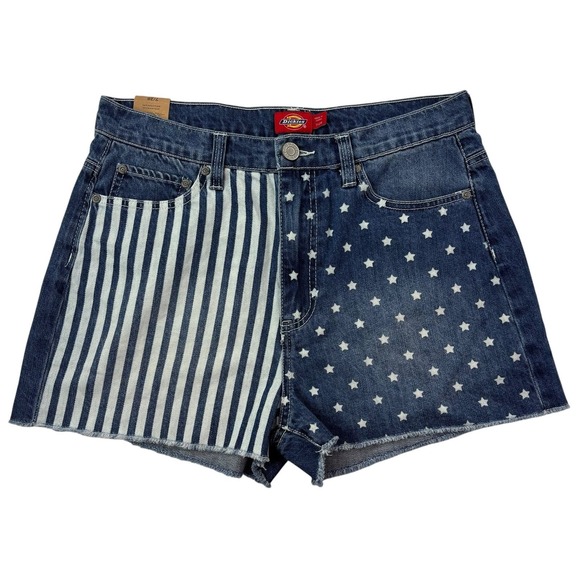 Dickies Women's Size 7 Juniors Stars & Stripes Denim Frayed Hems Shorts NEW NWT - Picture 1 of 16